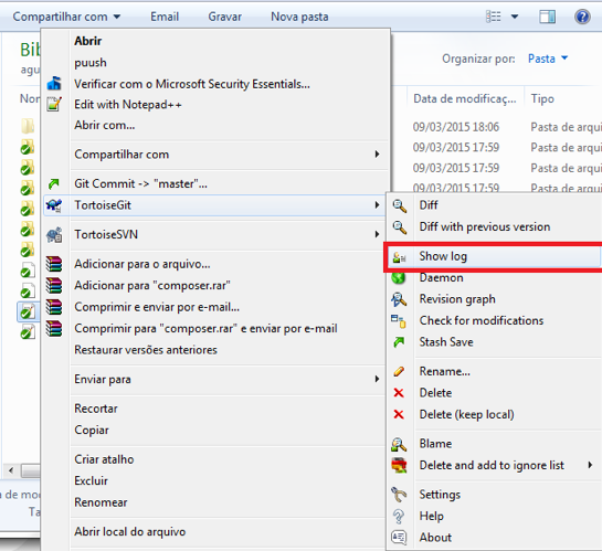 tortoisegit showlog menu
